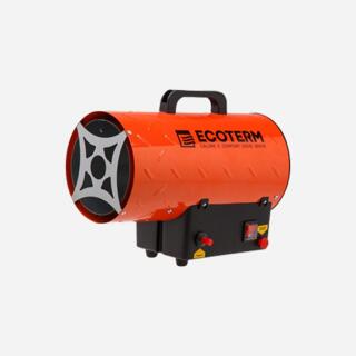 Газовая тепловая пушка Ecoterm цилиндрической формы с ручкой для переноски, оранжевым металлическим корпусом и черным основанием, на светлом фоне.