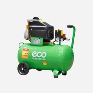 Зелёный воздушный компрессор ECO с манометрами, ручкой для переноски и чёрным электродвигателем.