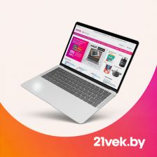 Ноутбук с сайтом 21vek.by и открытым каталогом товаров на экране.
