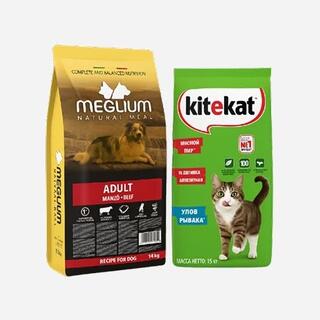 Корм Meglium для собак и корм Kitekat для кошек, крупные упаковки