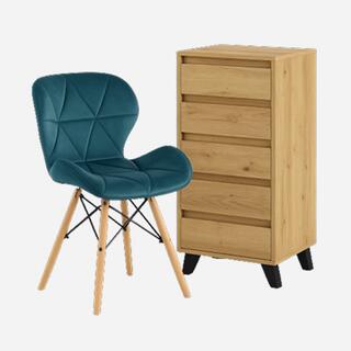 Изумрудное кресло и деревянный комод в скандинавском стиле