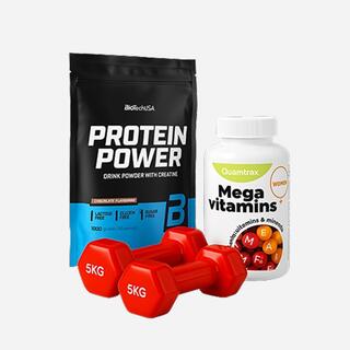 Протеин, витамины и гантели для спортивных тренировок дома