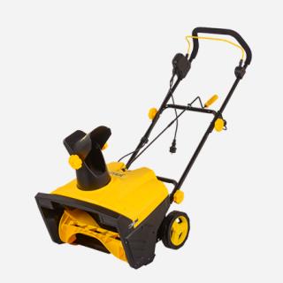Электрический снегоуборщик на колёсах с жёлтым корпусом