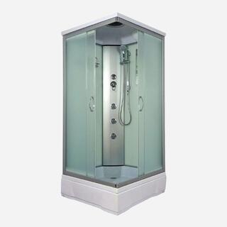 Угловая душевая кабина с матовыми стеклами и верхним душем
