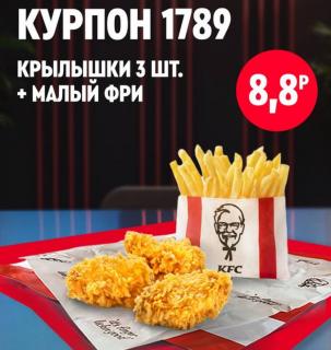 Куриные крылышки и картофель фри в упаковке KFC