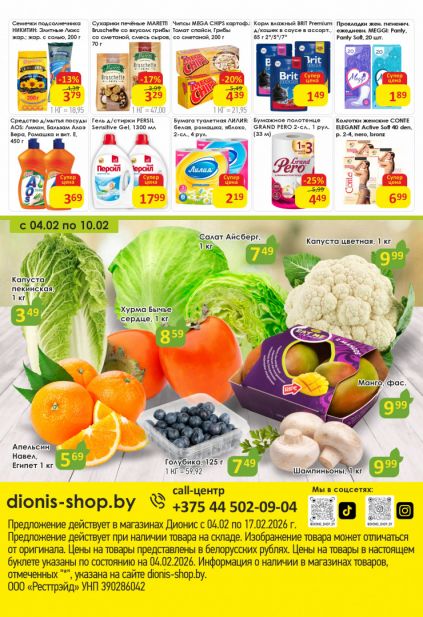 Листовка магазина Дионис с товарами по акции и скидками с 4 по 17 февраля