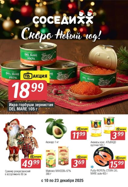 Листовка магазина Соседи с товарами по акции и скидками с 10 по 23 декабря