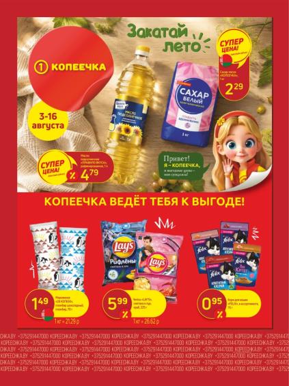 Копеечка: листовка с подсолнечным маслом, сахаром, мороженым «28 копеек», чипсами Lay’s и кормом Felix с 3 по 16 августа.