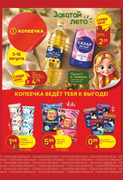 Копеечка: листовка с подсолнечным маслом, сахаром, мороженым «28 копеек», чипсами Lay’s и кормом Felix с 3 по 16 августа.