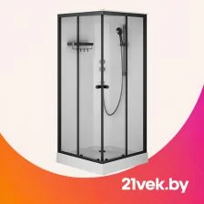 Душевая кабина с чёрным профилем и душевой стойкой.