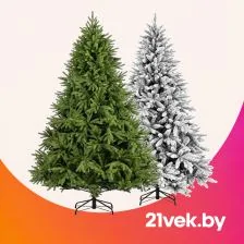 Зелёная и заснеженная искусственные ёлки на подставках.