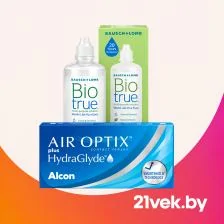 Контактные линзы Air Optix и раствор Biotrue на светлом фоне.