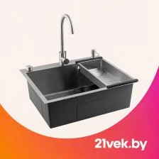 Тёмная кухонная мойка со смесителем и дополнительной секцией.