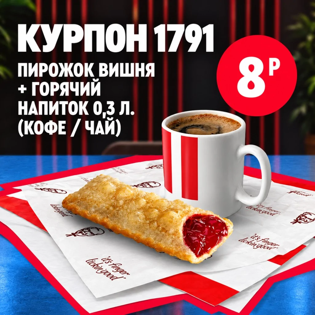 KFC: пирожок с вишней и горячий напиток 0,3 л — кофе или чай.