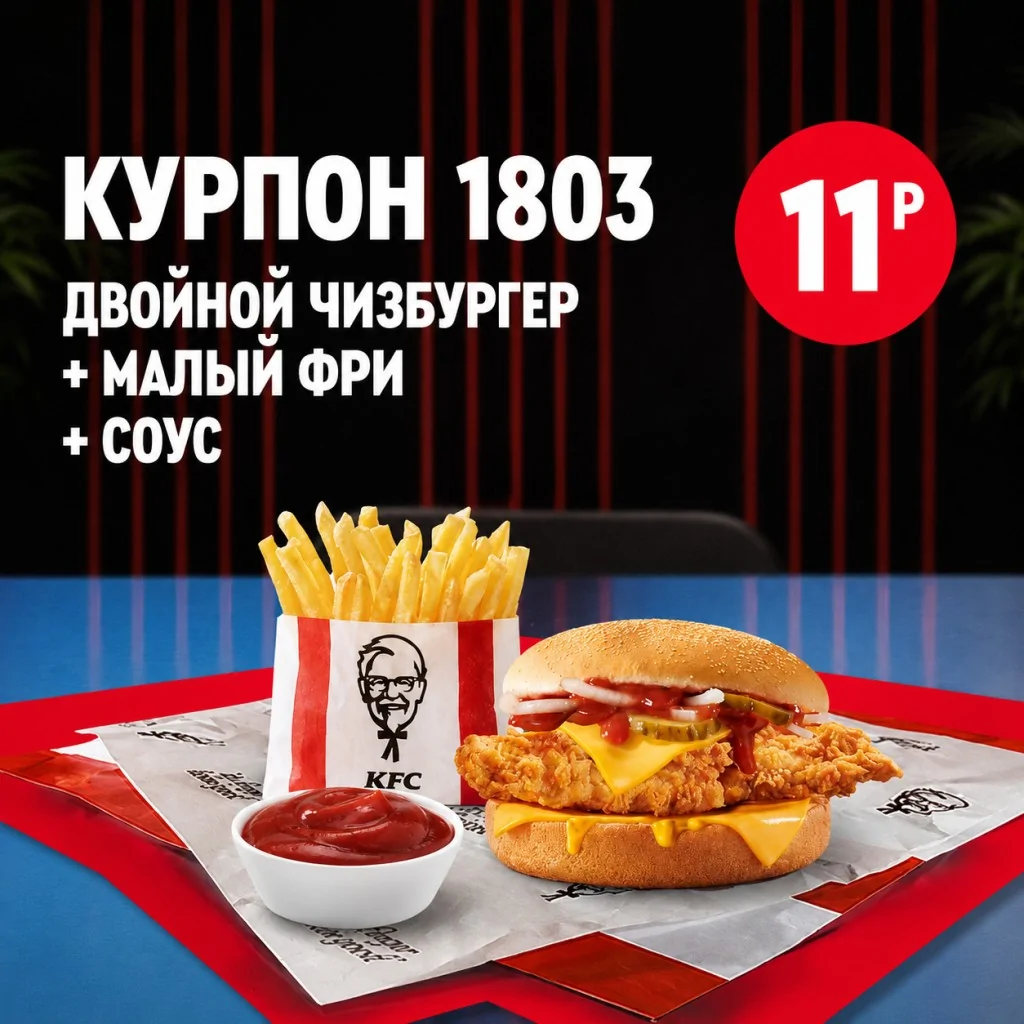 KFC: двойной чизбургер с малой порцией картофеля фри и соусом.