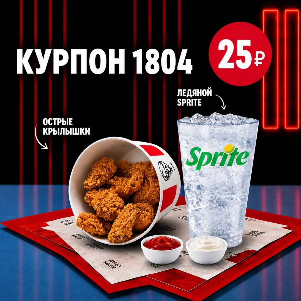 KFC: Баскет S с острыми куриными крылышками и Sprite 0,4 л.