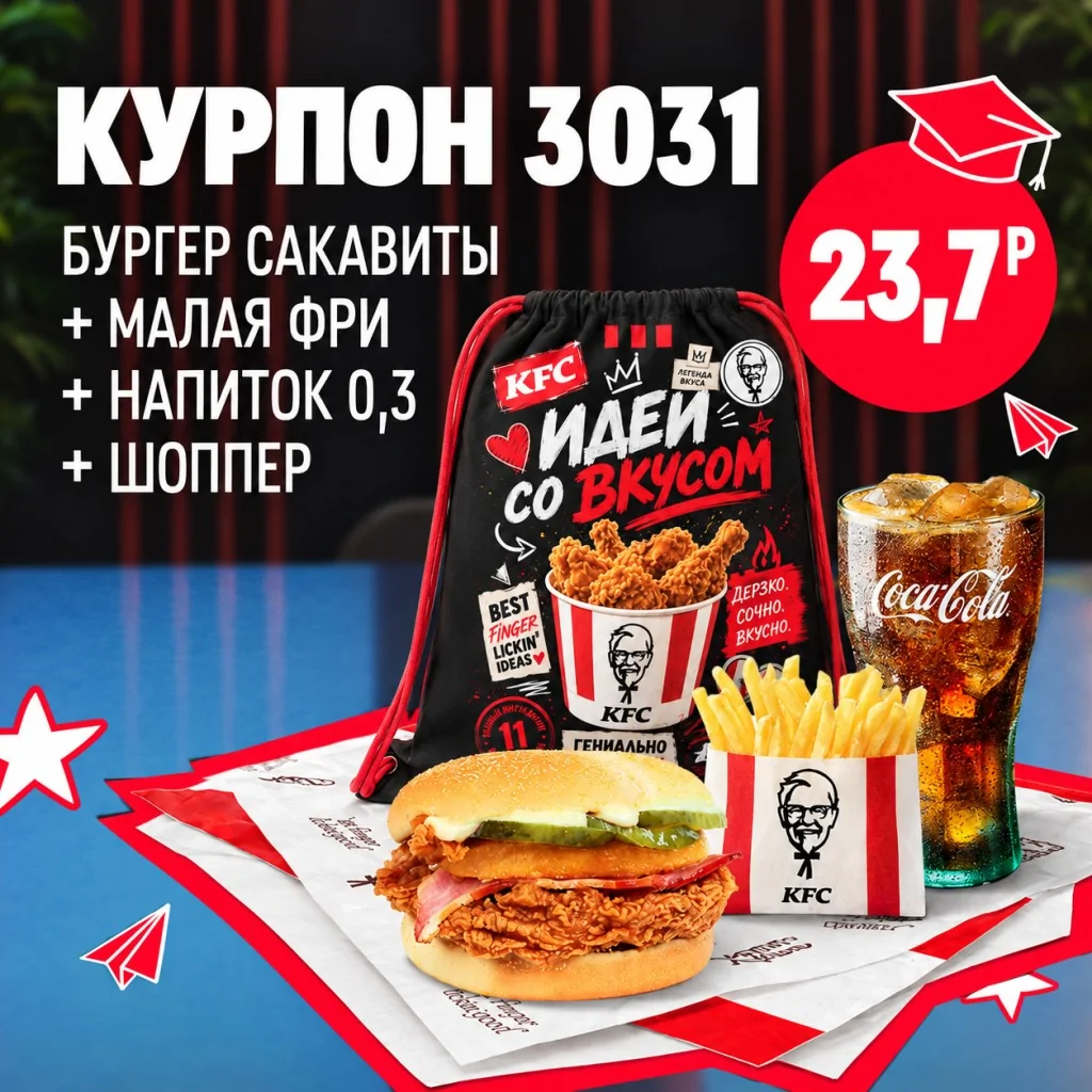 KFC: Бургер Сакавыты с малой порцией картофеля фри, напитком 0,3 л и шоппером.