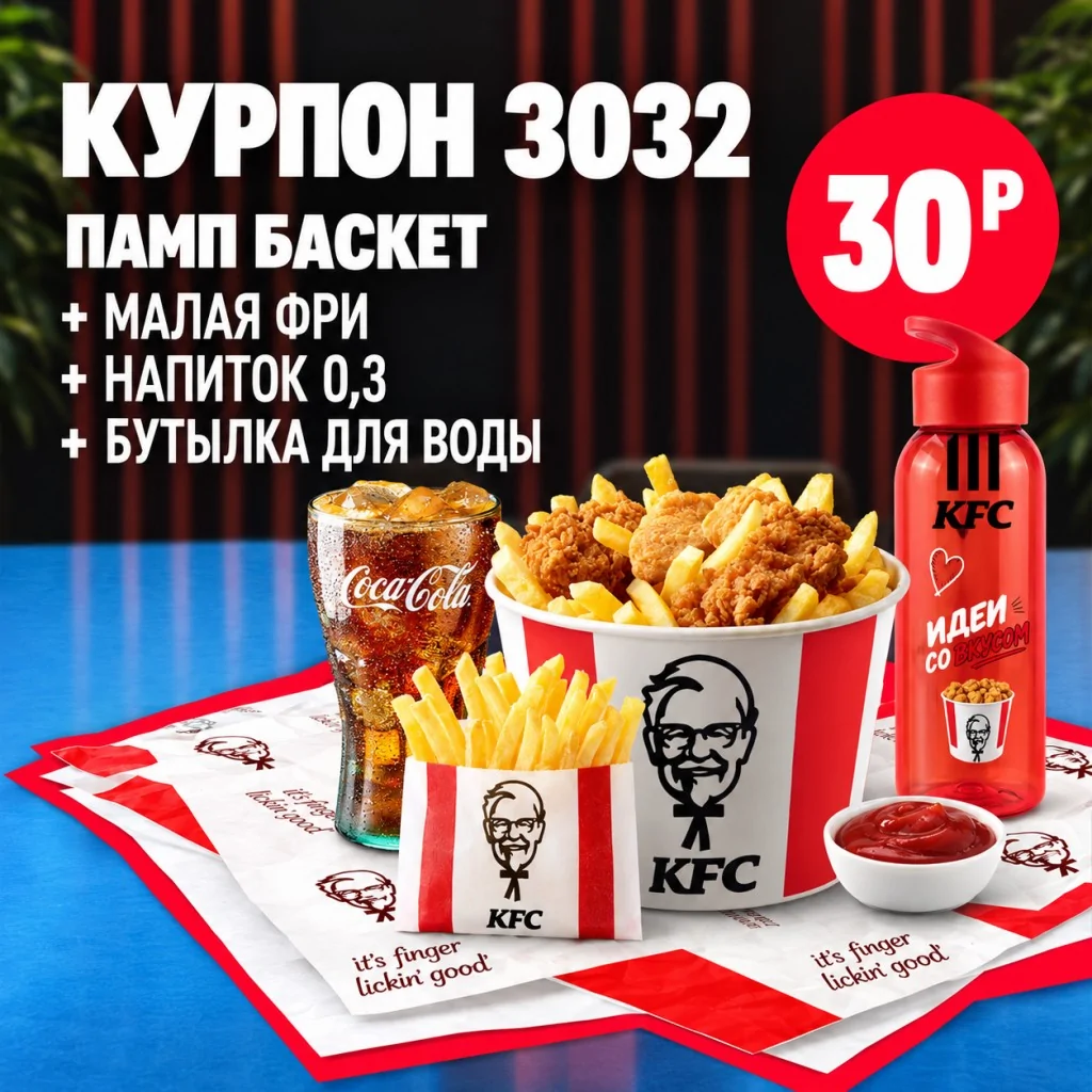 KFC: Памп Баскет с малой порцией картофеля фри, напитком 0,3 л и бутылкой для воды.