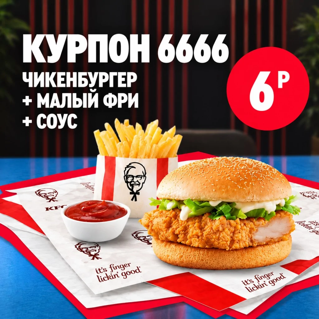 Чикенбургер KFC с картофелем фри и соусом на подносе