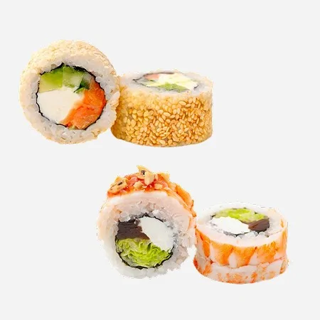 Ассорти роллов с огурцом, сыром, авокадо и рыбой, украшенных кунжутом и орехами