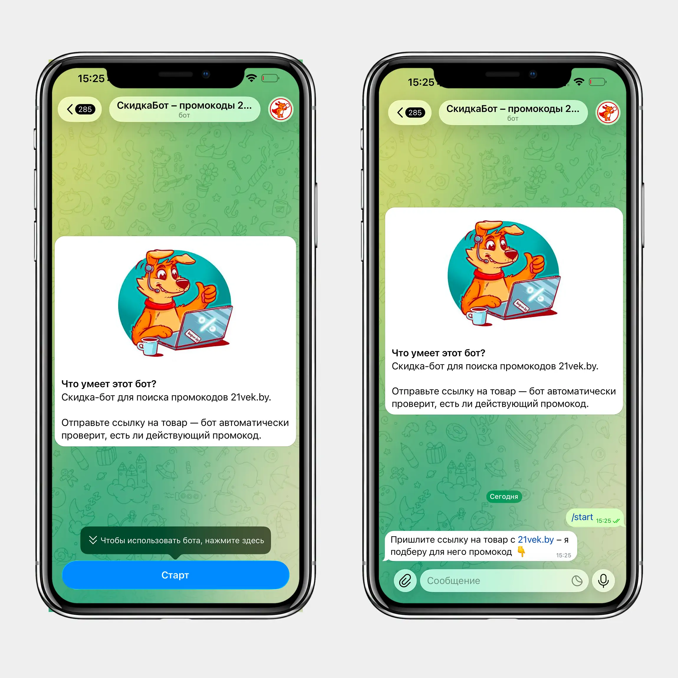Стартовый экран СкидкаБота и сообщение после запуска в Telegram.