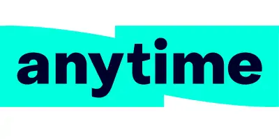 Логотип Anytime на бирюзовом фоне.